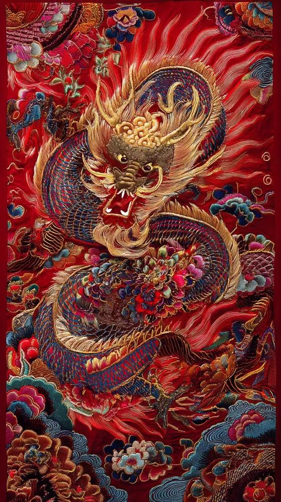 A vibrant embroidered textile depicts a majestic dragon in intricate detail.  The dragon, rendered in gold and various shades of blue, red, and green thread, is surrounded by swirling flames and elaborate floral motifs.  The rich red background complements the colorful embroidery, creating a stunning visual tapestry. The piece is a testament to the skill and artistry of its creator.