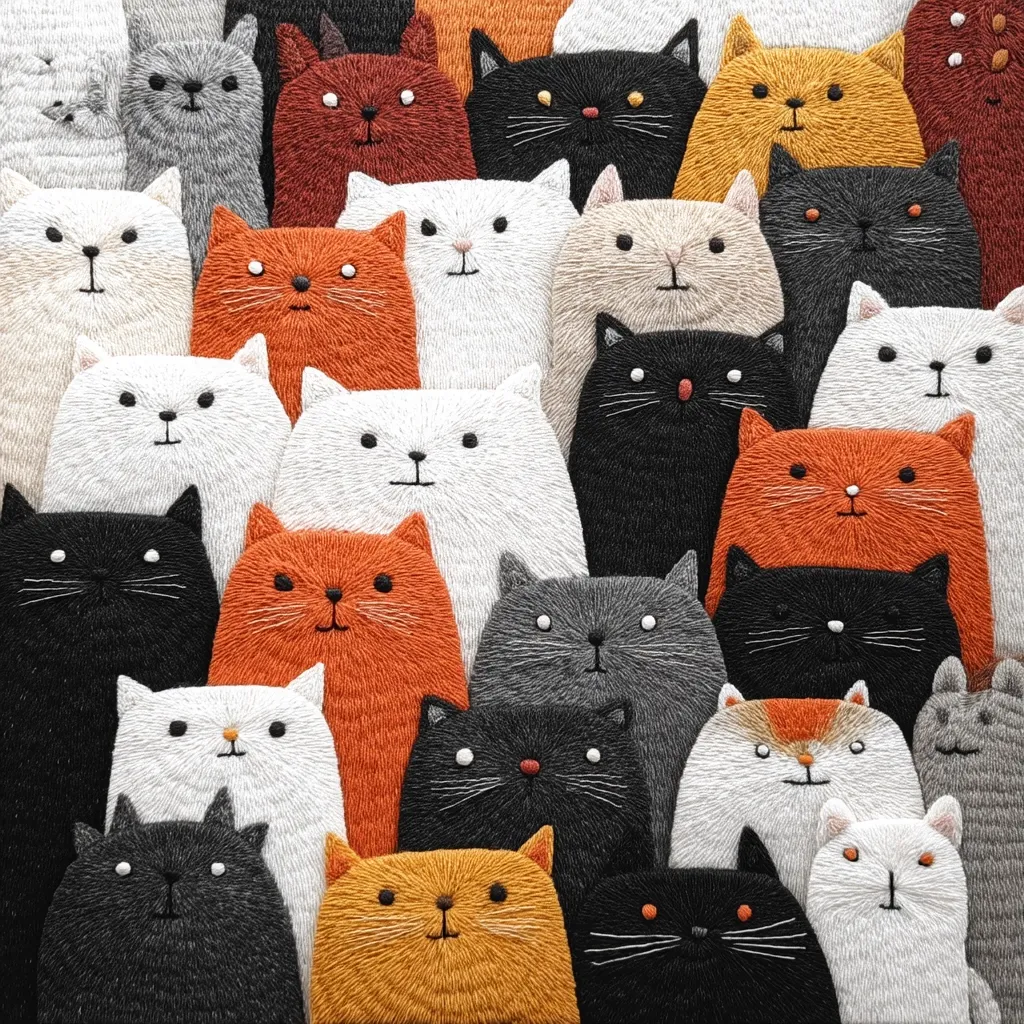 A densely packed collection of embroidered cats in various colors and shades, including orange, white, grey, and black.  The cats are depicted in a simplified, almost childlike style, all with similar facial features.  They are arranged closely together, creating a vibrant and playful textile artwork.  The consistent stitching style gives a unified and charming aesthetic to the piece.