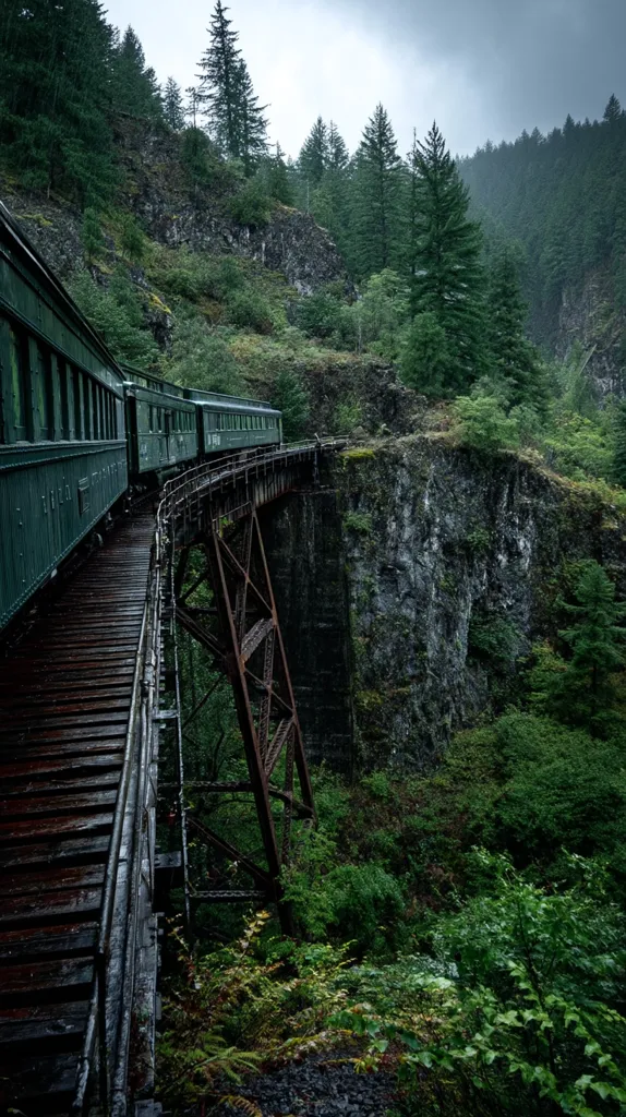 A vintage green passenger train chugs across a high, rusty trestle bridge.  The bridge spans a deep ravine cloaked in lush, verdant forest.  Towering evergreen trees fill the landscape, creating a moody, atmospheric scene under a grey sky.  The weathered wood of the bridge and train evoke a sense of age and history.