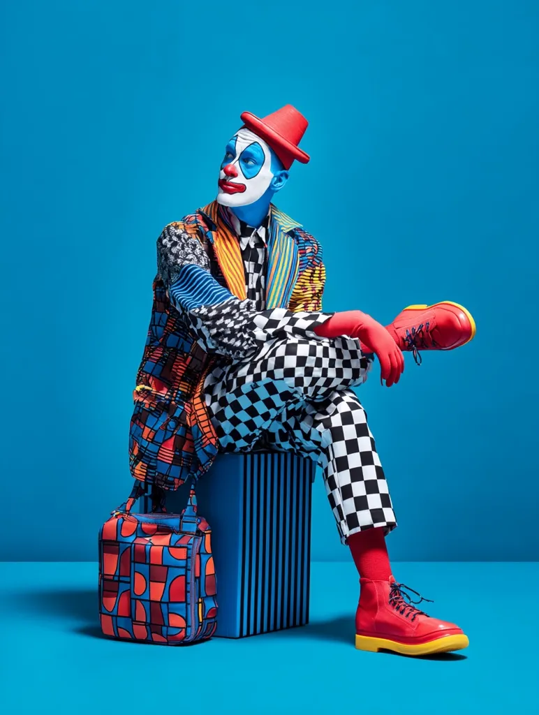 A vibrant clown, painted in shades of blue and red, sits casually on a blue striped cube.  Their outfit is a patchwork of bold geometric patterns in blues, reds, and blacks, including checkered pants.  They wear bright red shoes and a matching hat. A colorful geometric patterned bag rests beside them, complementing the overall playful and artistic aesthetic. The background is a solid, matching blue.