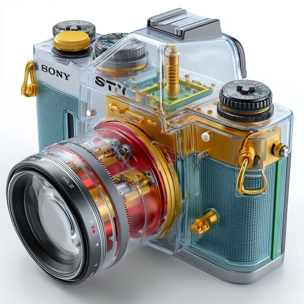 A transparent Sony STYL camera is showcased, revealing its intricate internal mechanisms.  Gold accents highlight the camera body's teal shell.  The lens is prominent, exhibiting its complex internal components.  The image provides a detailed cutaway view, emphasizing the camera's engineering and design.  The overall aesthetic is both futuristic and vintage, combining modern technology with classic camera styling.