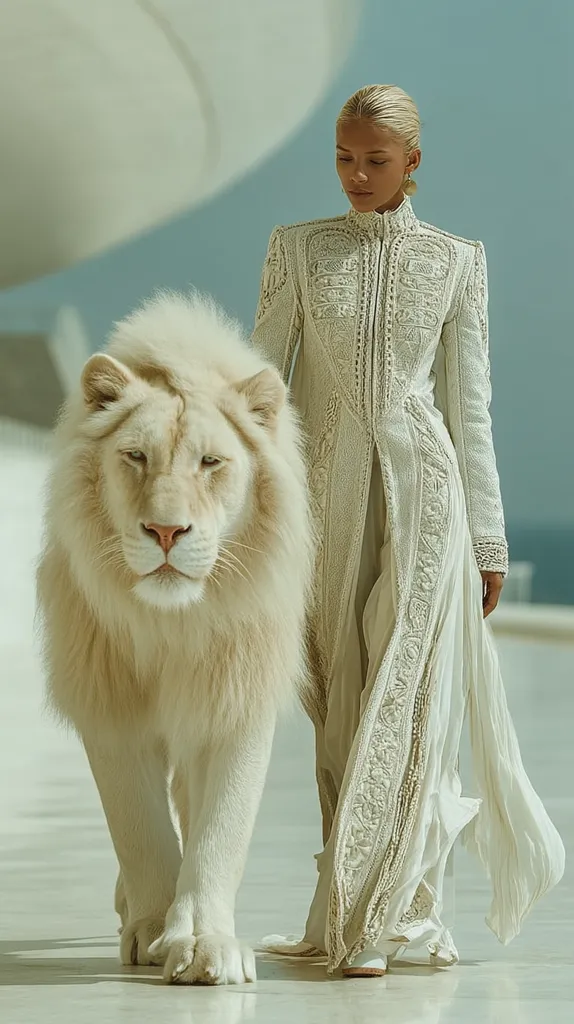 A blonde woman in a long, intricately embroidered cream-colored coat walks alongside a majestic white lion.  The setting appears to be a minimalist, modern architectural space, possibly outdoors.  Both the woman and the lion share a serene and regal presence, creating a striking and ethereal image. The overall aesthetic is one of elegance and understated power.