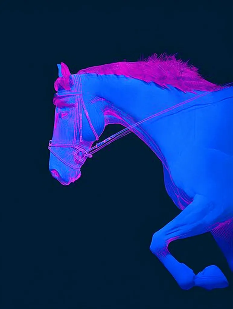 A stylized image of a horse, rendered in vibrant blue and pink hues.  The horse appears almost translucent, with a wireframe-like quality, suggesting a digital or 3D model. It is depicted in motion, its legs poised mid-stride, against a deep blue background.  The horse wears a bridle, further enhancing its equestrian context.  The overall effect is one of modern art, combining realism with a futuristic, almost ethereal feel.