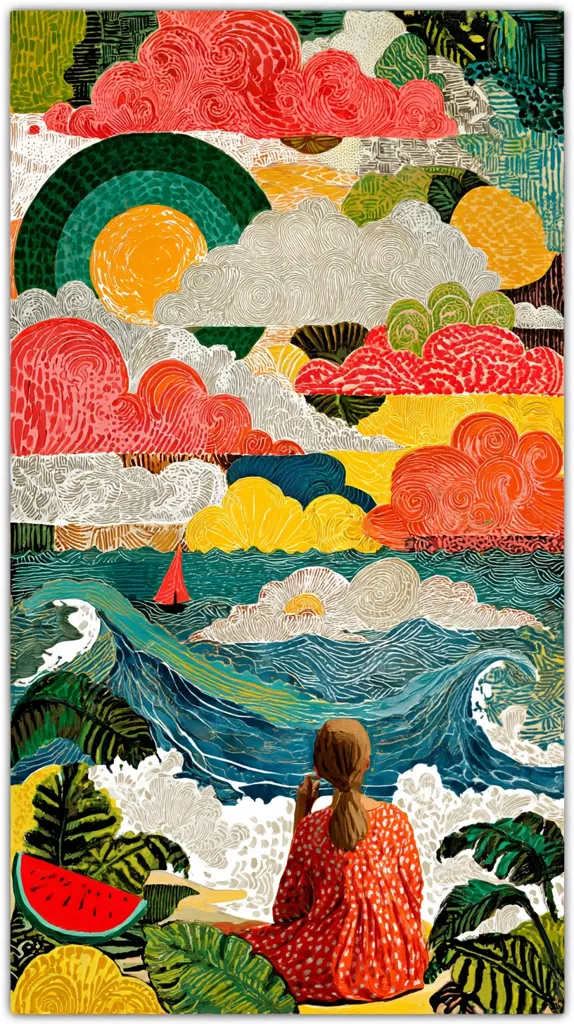 A vibrant, stylized artwork depicts a woman in a red polka-dot dress seated on a beach, gazing at a dynamic ocean scene.  The sky above is a whimsical collage of swirling, colorful clouds in shades of red, yellow, and green. The ocean is rendered with textured lines suggesting waves, and a small sailboat is visible on the water. Lush tropical foliage frames the scene.  The overall style is bold and playful, reminiscent of folk art or printmaking.