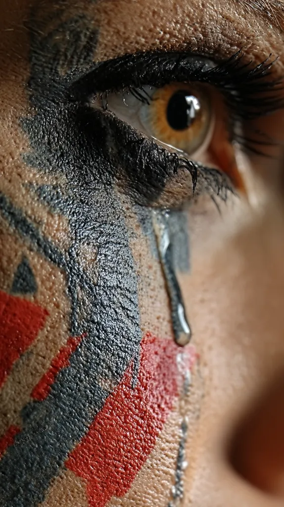 A close-up shot reveals a person's eye, heavily adorned with dark eyeliner and a striking pattern of gray and red paint across their face.  A single tear streaks down their cheek, adding a poignant contrast to the bold makeup. The texture of the paint and skin is highly detailed, emphasizing the emotional intensity of the image. The overall effect is dramatic and visually arresting.