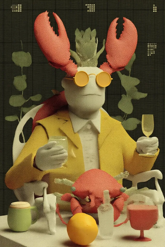 A stylized 3D rendering depicts a figure with a lobster for hair, wearing sunglasses and a yellow suit.  The figure sits in a chair, holding drinks, with another lobster and various objects on a table in front.  The background features a dark textured pattern and stylized foliage.  The overall style is surreal and slightly humorous.  The image uses a textured, almost woven, visual effect.