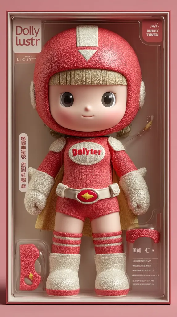 A collectible doll, Dolly LUSTR, is displayed in its packaging.  The doll is a stylized female figure in a red superhero costume, complete with a helmet and boots.  The packaging is a clear plastic box within a pink cardboard sleeve, featuring branding and text in both English and another language. The doll's design is cute and retro-inspired.  A small mask is included as an accessory.