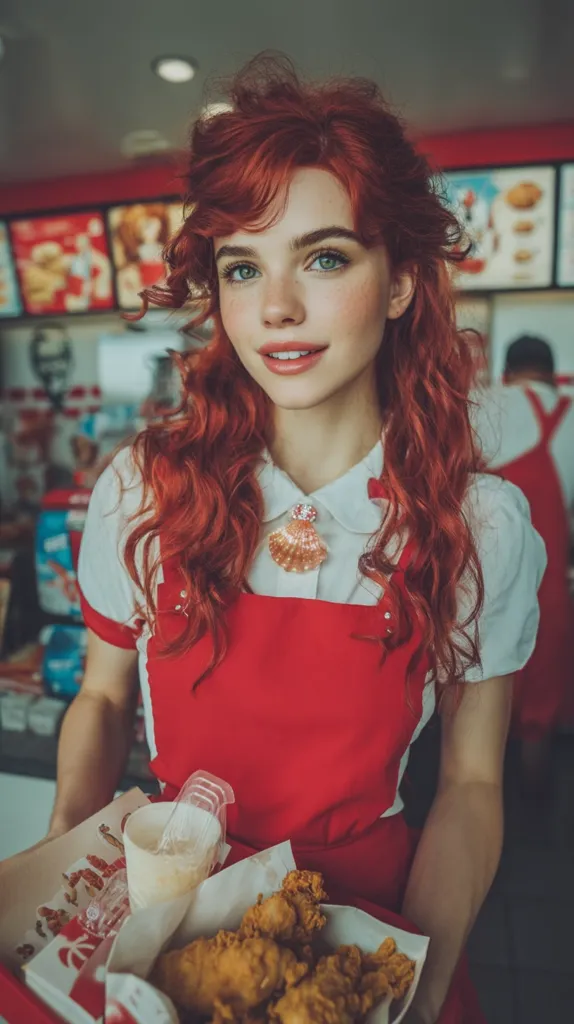 A young woman with vibrant red hair, styled in loose curls, smiles warmly.  She's dressed in a red apron and white collared shirt, a seashell brooch adorning her neckline.  She holds a tray of fried chicken and a drink, working at a fast-food restaurant, the menu boards visible in the background. The overall aesthetic is vintage-inspired and slightly whimsical.
