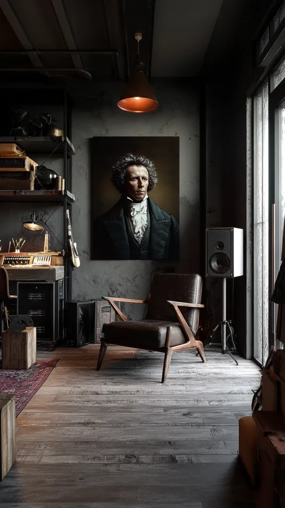 A dimly lit, industrial-style room features a large portrait of a man, possibly a composer, hanging above a mid-century modern leather armchair.  Dark wood floors and a rustic shelving unit filled with vintage items create a moody atmosphere.  A speaker stands in the corner, adding to the room's masculine and artistic ambiance.  The overall aesthetic is a blend of industrial and classic elements.