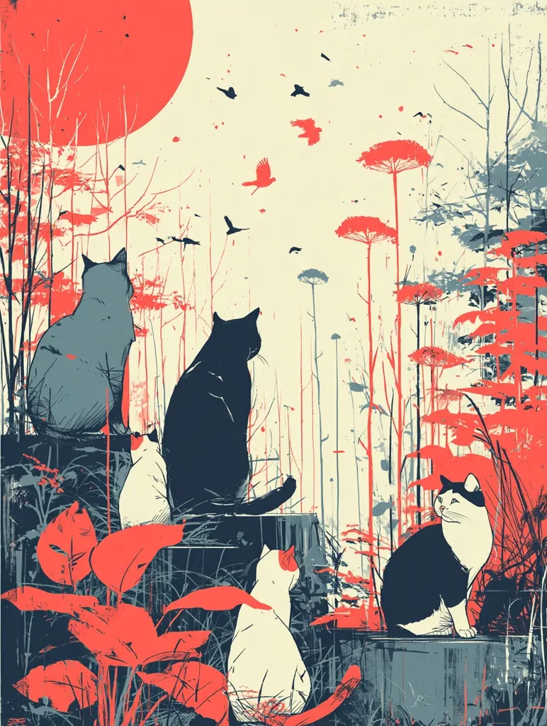 Five stylized cats sit amidst a whimsical landscape.  A large, red sun dominates the pale sky, above a forest of slender, red-tinged trees and tall grasses. Birds fly overhead. The cats are rendered in bold, contrasting colors, their forms slightly abstract. The overall style is graphic and evocative, suggesting a serene yet slightly melancholic mood.