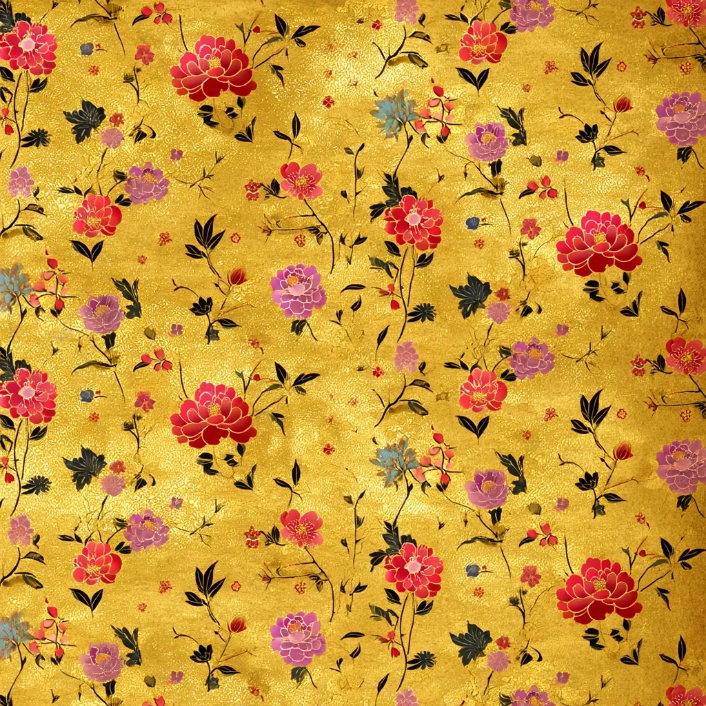 A gold textured background is adorned with a repeating pattern of stylized flowers in shades of red, pink, and purple.  The floral design features delicate stems and leaves in black, creating a rich, elegant, and ornate effect reminiscent of traditional Asian textile patterns.  The overall impression is one of luxurious and sophisticated beauty.