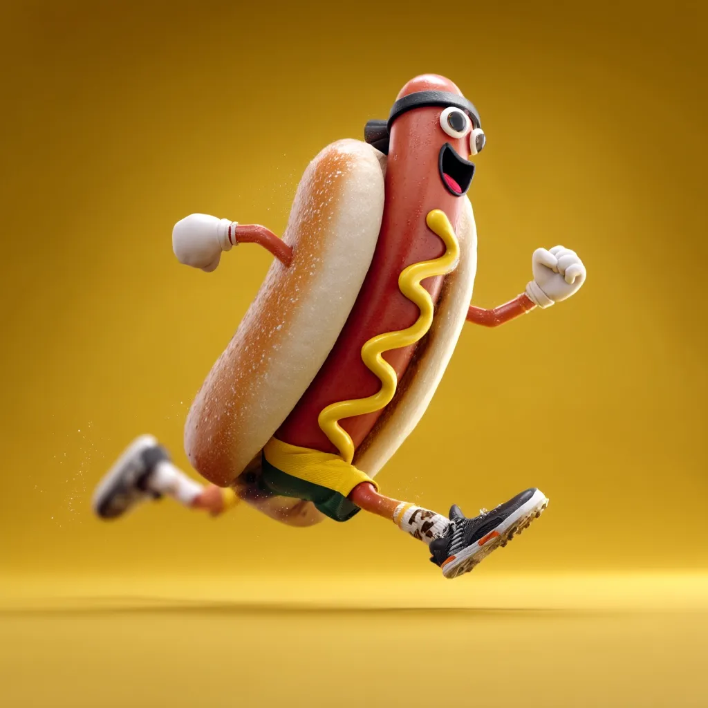 A 3D-rendered hot dog, anthropomorphized with arms and legs, is shown mid-stride against a yellow backdrop.  Wearing athletic attire including a headband and sneakers, the joyful hot dog appears to be running energetically.  Mustard squiggles adorn its side, adding to the playful, food-based character design. The image is vibrant and uses a stylized, slightly surreal aesthetic.