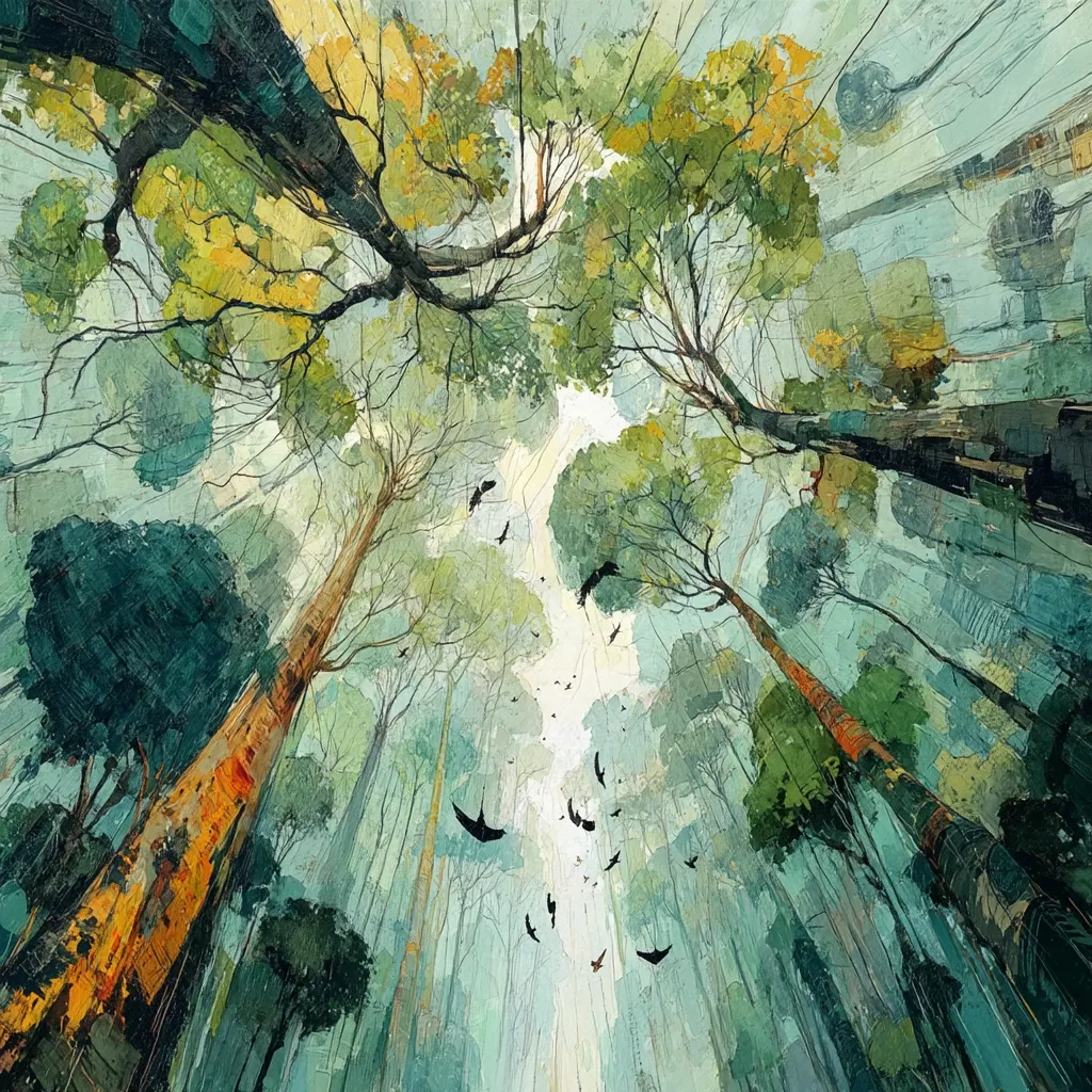 A vibrant, impressionistic painting depicts a forest canopy viewed from below.  Tall trees with textured bark reach towards a bright, airy sky where numerous dark birds are in flight.  The style is loose and expressive, using a palette of greens, yellows, and muted blues to create a sense of depth and movement within the woodland scene.  The overall effect is one of peaceful awe and the vastness of nature.