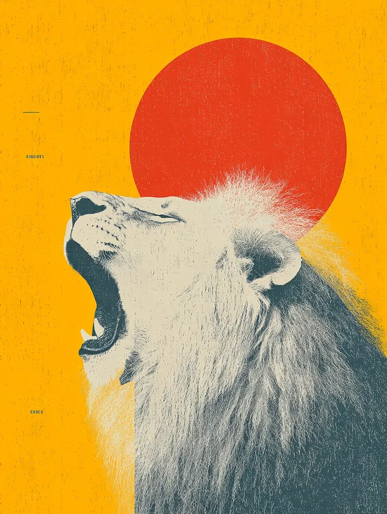 A stylized illustration of a lion's head and mane, roaring against a vibrant yellow background. A large, red circle sits behind the lion's head, suggesting a sun. The lion is depicted in a monochromatic palette with textured shading, giving a vintage or print-style aesthetic.  Minimalist text is subtly placed in the corners. The overall effect is bold and graphic.