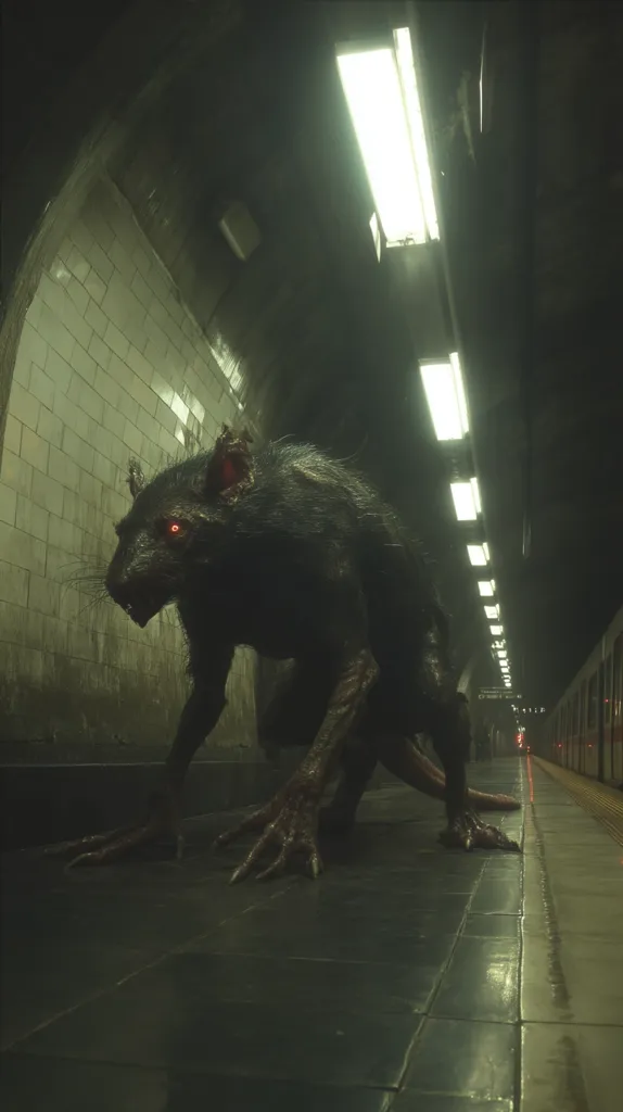 A monstrous rat-like creature with glowing red eyes crouches in a dimly lit subway tunnel.  Its fur is dark and matted, its claws long and sharp. The creature dominates the foreground, its unsettling presence emphasized by the sterile, tiled walls and the distant, faintly visible train. The overall atmosphere is one of dread and unease.