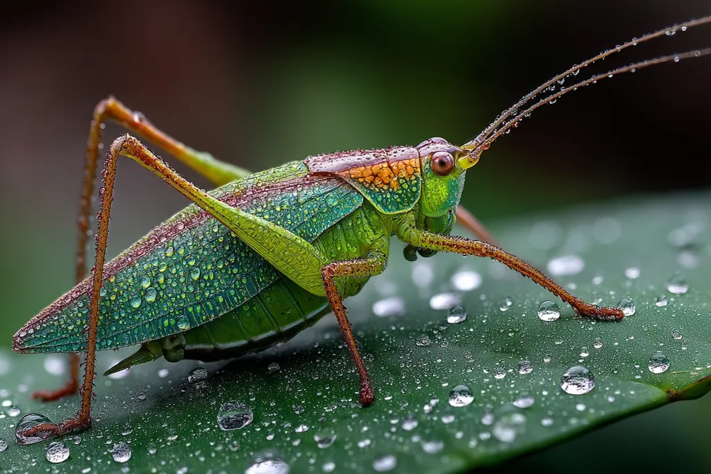 A vibrant green katydid, adorned with iridescent red and orange markings, perches on a dew-kissed leaf.  Water droplets cling to its body and the leaf's surface, creating a glistening effect.  The insect's long antennae extend gracefully, and its detailed legs are visible. The background is blurred, focusing attention on the katydid in sharp detail.