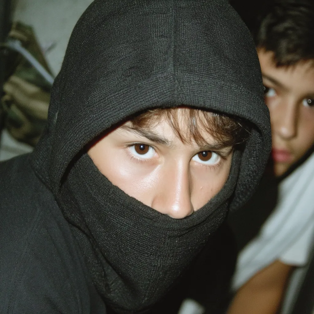 Close-up of a young boy's face partially obscured by a black hoodie and balaclava.  Only his eyes and the upper part of his face are visible, conveying a sense of mystery or anonymity.  Another boy is blurred in the background, wearing a light-colored shirt. The overall mood is dark and slightly ominous.