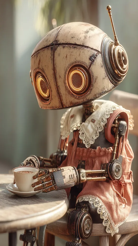 A charming steampunk robot, with a weathered bronze body and glowing circular eyes, sits at a small wooden table.  It's dressed in a delicate peach dress adorned with lace, creating a whimsical contrast to its mechanical parts.  The robot gently holds a cup of coffee, its intricate metallic hands showcasing detailed craftsmanship.  The scene evokes a feeling of gentle nostalgia and unexpected warmth.