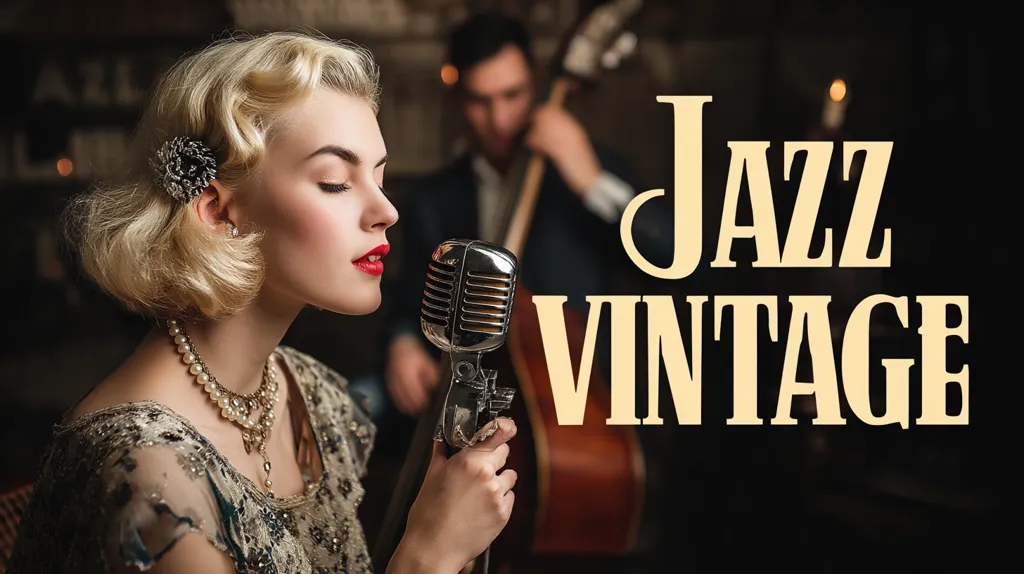 A stylish blonde woman in a vintage flapper dress sings into a retro microphone.  Behind her, a man plays a double bass, subtly blurred. The image is richly textured and dark, evoking a classic jazz club atmosphere.  The words "JAZZ VINTAGE" are prominently displayed, enhancing the overall retro theme. The scene is elegant and nostalgic, hinting at a golden age of music.