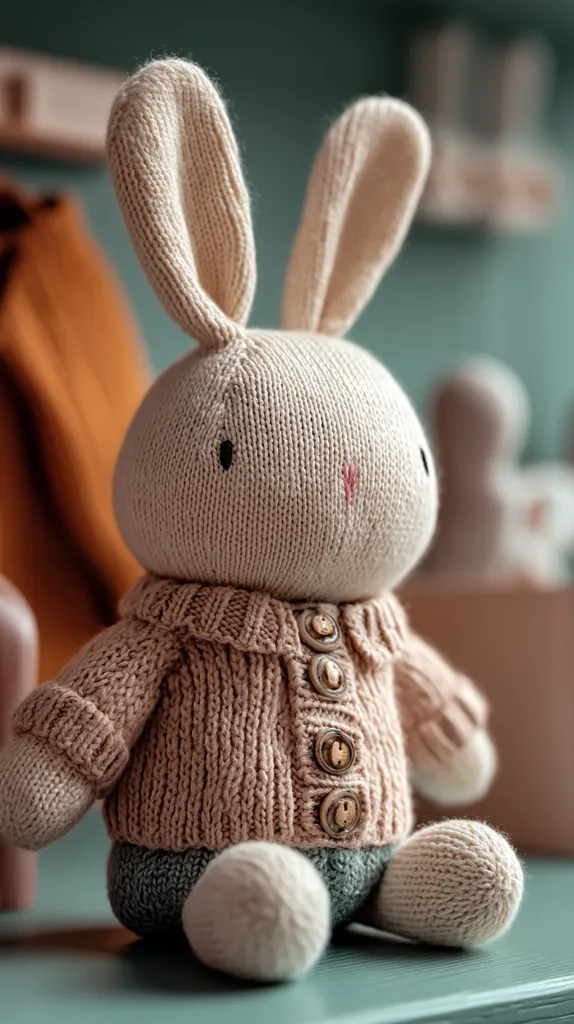 A hand-knitted bunny toy sits on a teal surface.  The bunny is light beige with long ears and wears a blush-colored cardigan with wooden buttons.  It has a soft, chunky knit texture and sits against a blurred background suggesting a nursery or child's room setting.  The overall style is cozy and comforting.