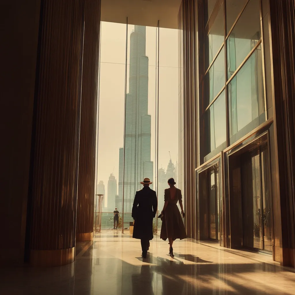 A man and a woman, dressed in vintage-style attire, walk away from the camera down a luxurious hallway.  Large windows offer a stunning view of the Burj Khalifa in Dubai, bathed in the warm glow of sunlight. The architectural design of the building is modern and elegant, creating a striking contrast with the classic clothing of the figures.  The scene exudes sophistication and a sense of quiet elegance.