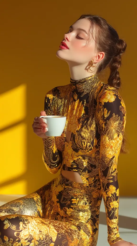 A young woman with a braided ponytail wears a gold and black floral jumpsuit.  She sits against a yellow background, sunlight illuminating her.  She holds a small white cup, possibly coffee, and her eyes are closed, suggesting a moment of peaceful relaxation. The jumpsuit features an intricate design, and she wears delicate gold earrings. The overall image evokes a sense of calm elegance and stylish luxury.