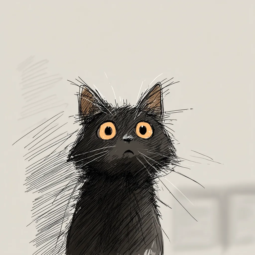 A stylized illustration of a black cat with large, expressive orange eyes.  The cat's fur is depicted with sketchy lines, giving it a slightly scruffy appearance.  Its expression is one of curious surprise or mild alarm, its gaze directed upward. The background is a muted beige, providing a neutral backdrop to highlight the cat.
