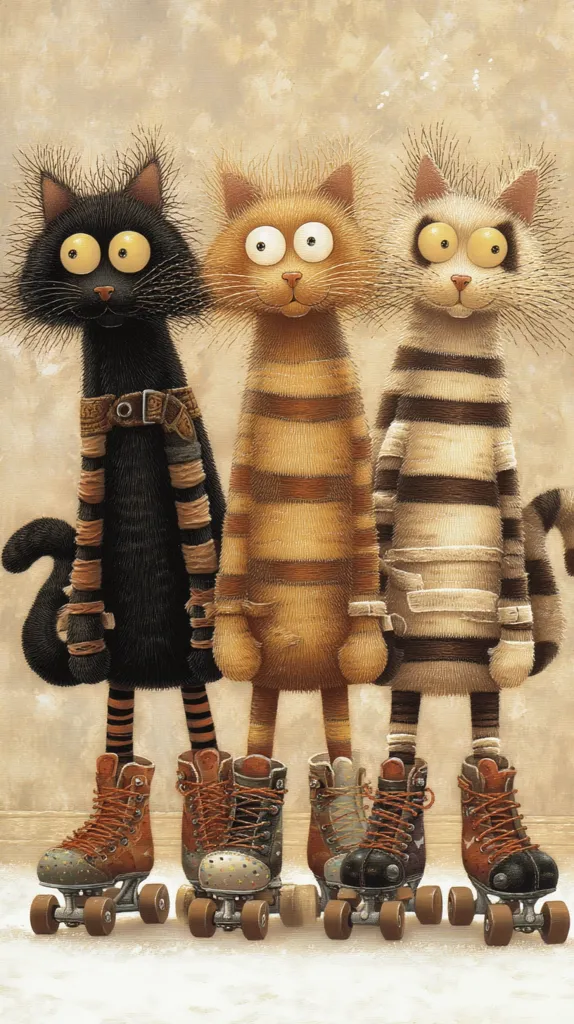 Three stylized cats, each with unique fur patterns and exaggerated features, stand side-by-side wearing roller skates.  The black cat sports a belt, while the striped cats have bandages on their legs. Their large, expressive eyes and quirky attire create a whimsical and charming scene.  The cats appear ready for a roller skating adventure.