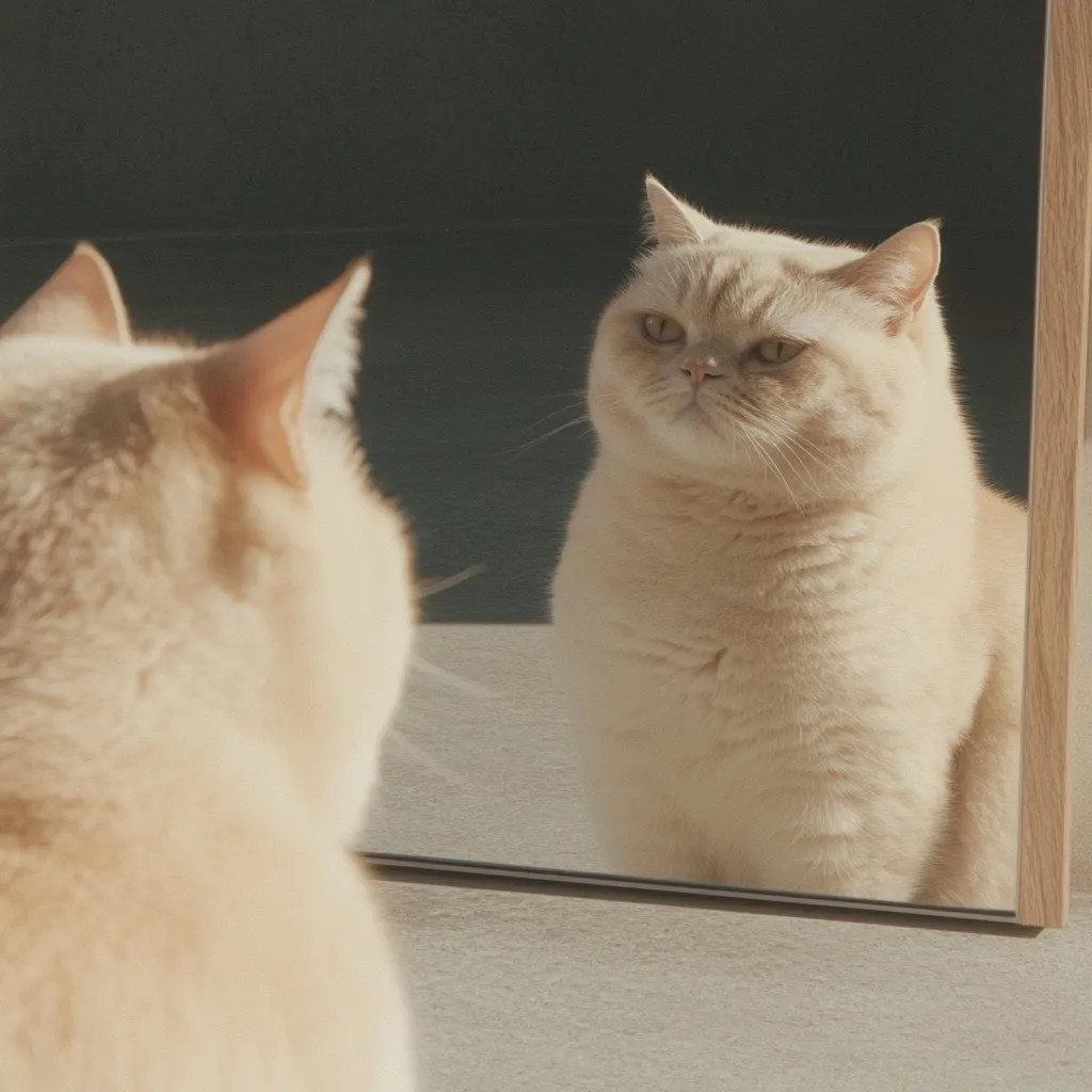 A fluffy, light beige cat gazes intently at its reflection in a mirror.  The cat's reflection is almost identical, mirroring its posture and expression.  The scene is bathed in soft, natural light, highlighting the cat's soft fur and creating a serene atmosphere.  The mirror has a simple, light wood frame.