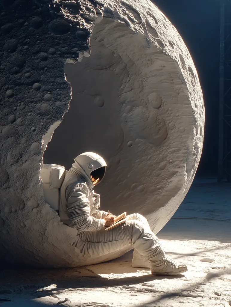 A lone astronaut, seated within a large, cratered lunar rock formation, meticulously records observations in a notepad.  The astronaut's spacesuit is pristine white, contrasting against the textured gray of the moon rock.  Sunlight illuminates the scene, casting long shadows across the desolate landscape, emphasizing the isolation and tranquility of the moment. The scene is both otherworldly and intimate.