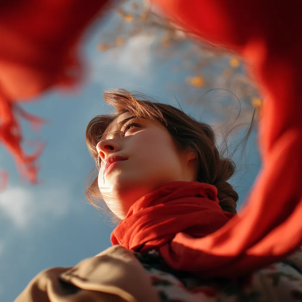 A young woman with brown hair, wearing a beige coat and a vibrant red scarf, looks upward against a bright blue sky.  The perspective is from a low angle, emphasizing the woman's face and the dramatic sky.  Blurred edges of a red fabric frame the image, creating a unique and artistic composition.  Sunlight illuminates her face, highlighting her features.