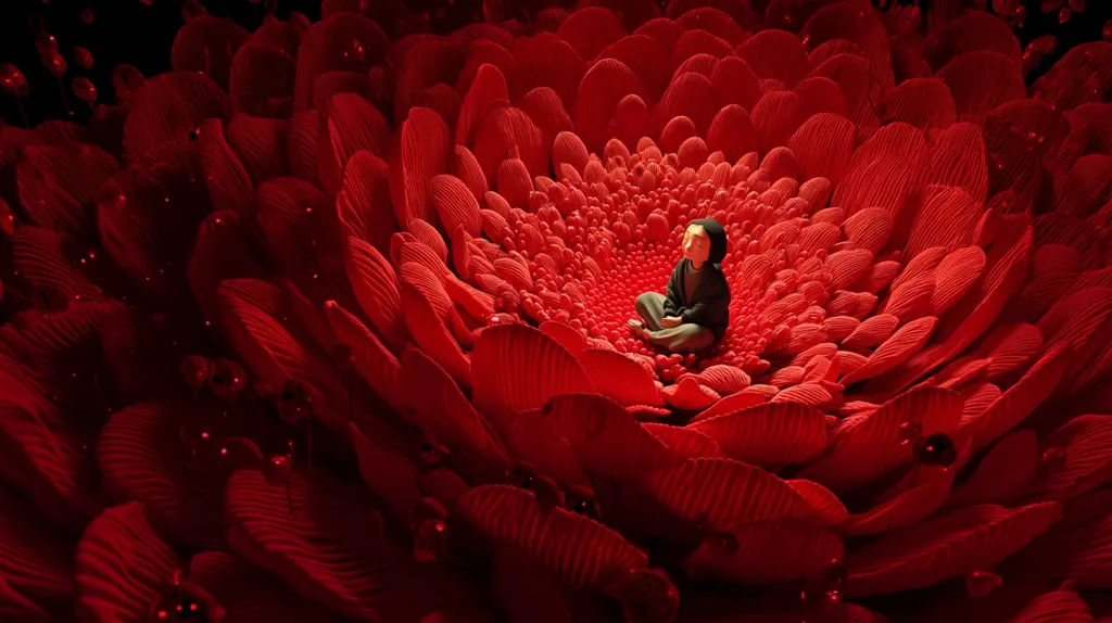 A small figure, cloaked in dark attire, sits serenely within the heart of a colossal, crimson flower.  The flower's petals, numerous and intricately textured, create a dramatic, almost overwhelming, backdrop.  Small, dark orbs are scattered throughout the image, adding depth and a sense of mystery to the scene.  The overall mood is one of quiet contemplation and intense visual richness.