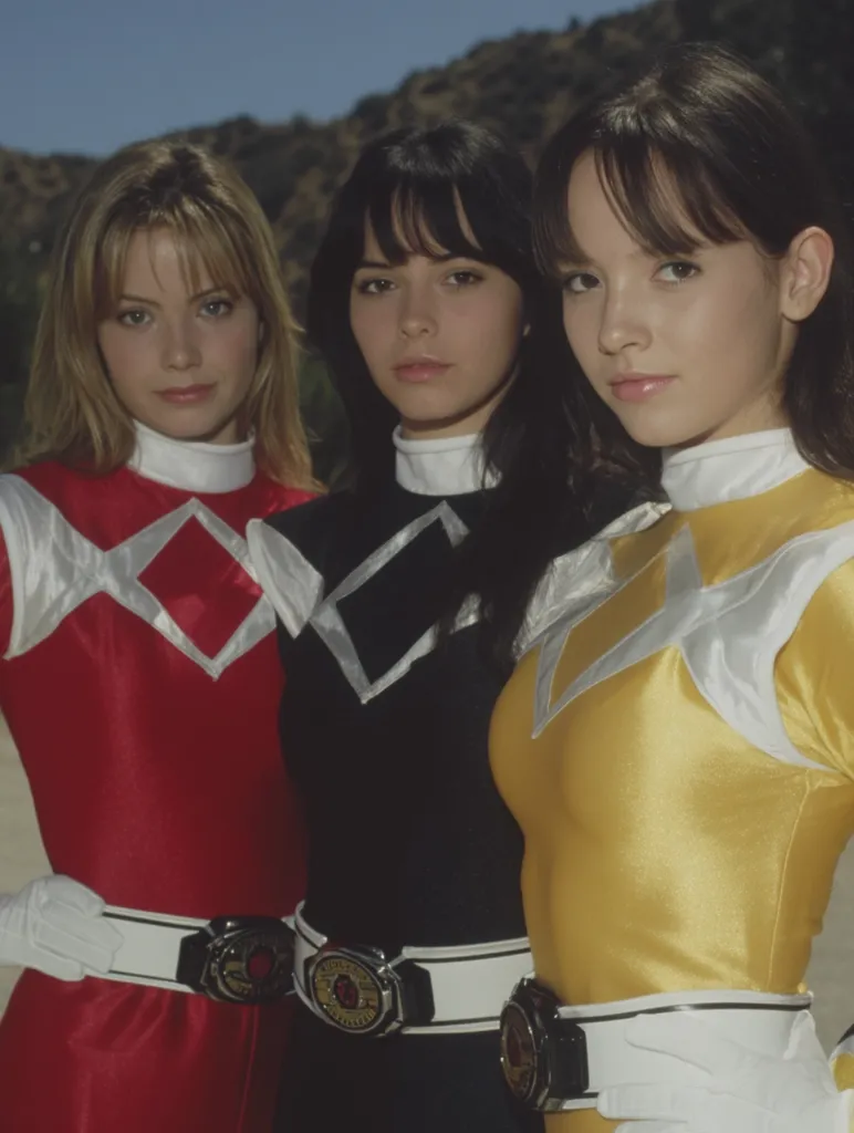 Three actresses from the original "Mighty Morphin Power Rangers" series pose for a promotional photo.  The actresses are wearing their iconic ranger suits:  red, black, and yellow. They stand shoulder to shoulder, showcasing their costumes and belts. The background features a blurred-out sunny hillside landscape.