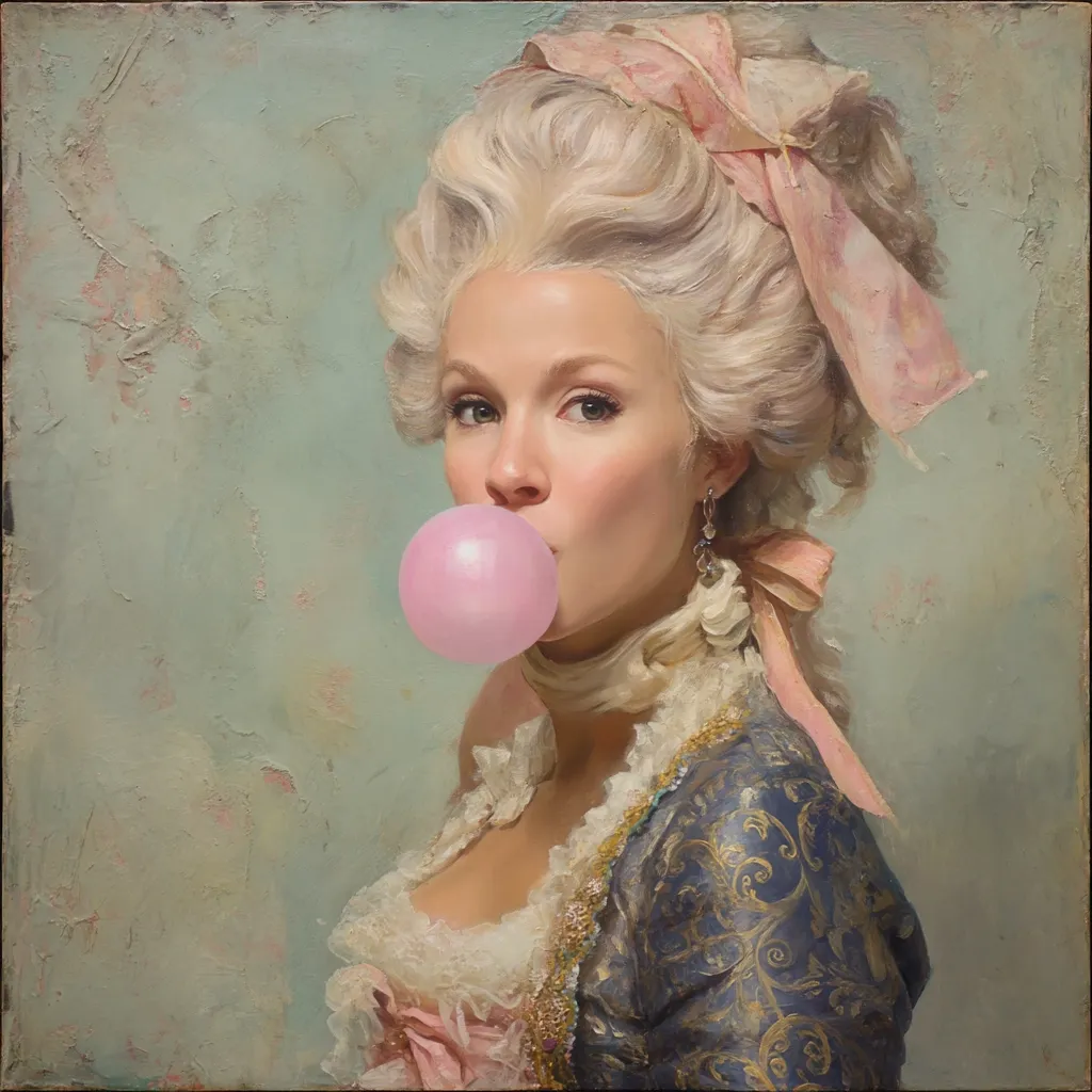 A meticulously painted portrait in the style of an 18th-century aristocratic woman, wearing a voluminous powdered wig and ornate gown.  The unexpected element is a large pink bubble of gum she blows, creating a striking juxtaposition of historical elegance and modern casualness. The muted background enhances the subject's vibrant presence and the soft light highlights her features.