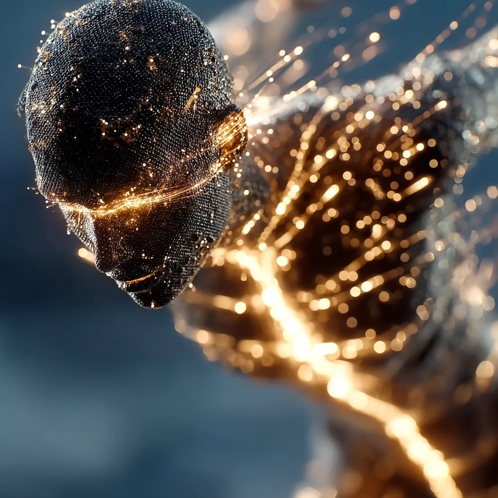 A digital rendering depicts a stylized human figure composed of dark metallic particles.  Golden, sparkling energy trails emanate from the figure, creating a dynamic and ethereal effect. The figure's head is bowed, and the overall impression is one of movement and transformation, perhaps representing technological advancement or the merging of human and artificial intelligence. The background is a muted blue, providing contrast to the vibrant energy trails.