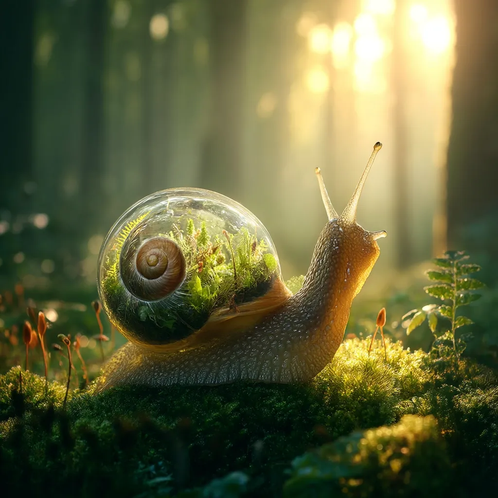 A snail carries a miniature terrarium on its shell.  The transparent dome contains vibrant green moss and miniature plants, creating a tiny, self-contained ecosystem. The snail crawls through a sun-dappled forest floor covered in lush moss, creating a magical and surreal scene.  Warm light filters through the trees, illuminating the snail and its unique cargo.