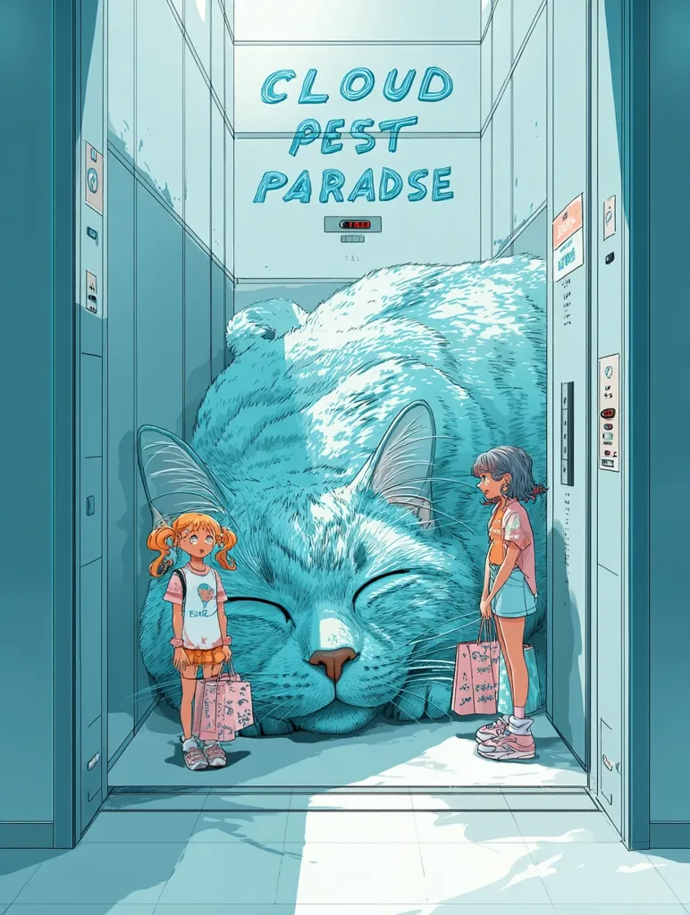 The illustration depicts a giant, light-blue cat lounging in an elevator.  Two young girls with shopping bags stand before it. The elevator's walls are teal, and the title "Cloud Pest Paradise" is written above the cat. The scene is serene and slightly surreal, with a pastel color palette emphasizing a whimsical atmosphere. The overall style is reminiscent of anime or manga art.