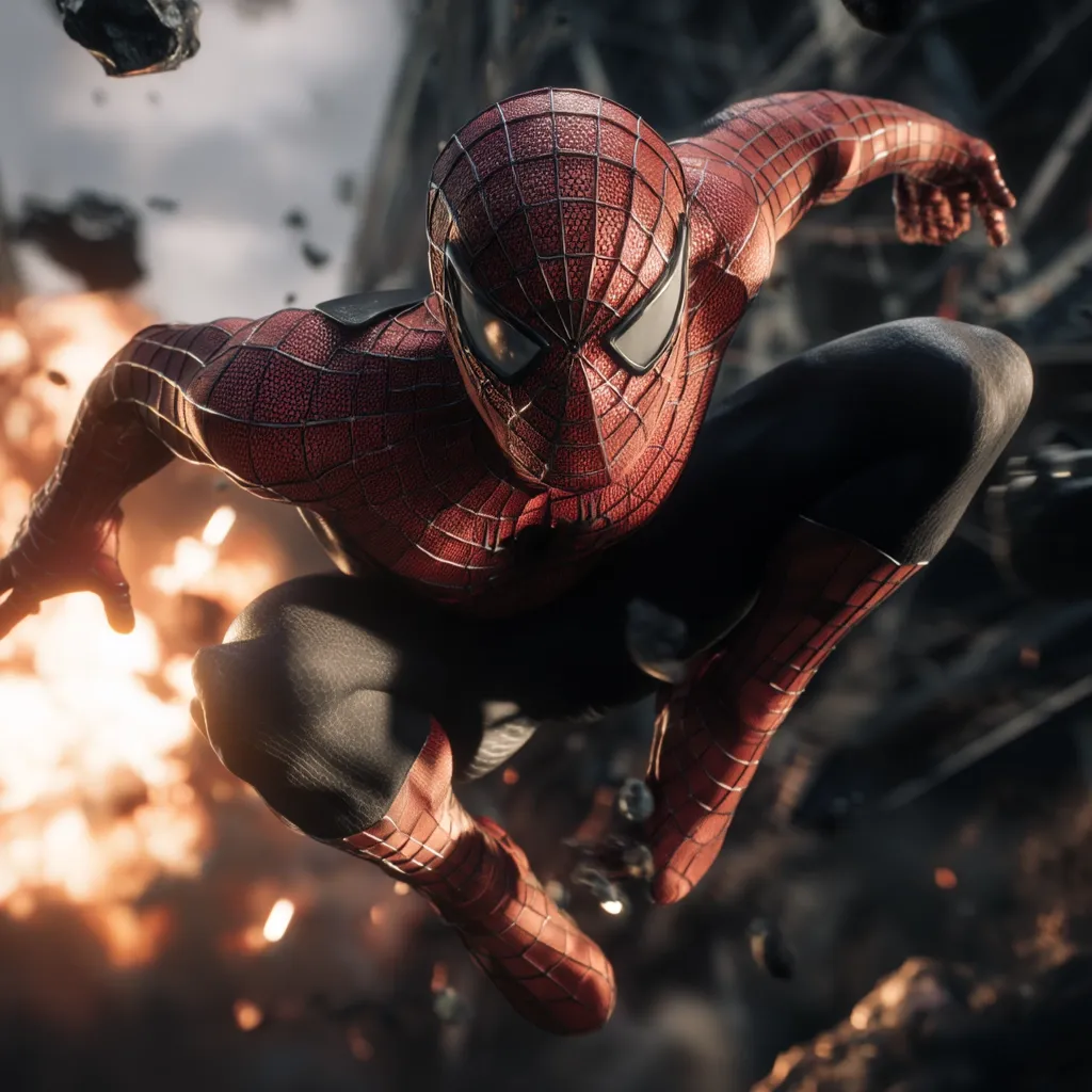 A dynamic image depicts Spider-Man in mid-leap, his red and black suit detailed against a backdrop of fiery explosion and debris.  He's in sharp focus, his pose suggesting intense action and speed. The surrounding environment is chaotic, emphasizing the superhero's agility and power amidst destruction.  The overall mood is one of intense action and superheroic prowess.