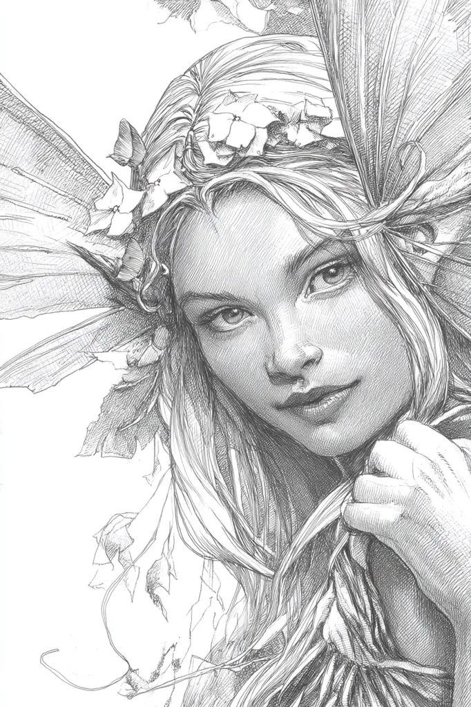 A detailed pencil sketch depicts a fairy-like woman with long flowing hair adorned with delicate flowers.  Large, intricately drawn wings frame her face, partially obscuring her shoulders. Her expression is serene, and her hand gently rests in her hair. The style is realistic, showcasing fine lines and shading to create depth and texture.  The overall effect is ethereal and elegant.