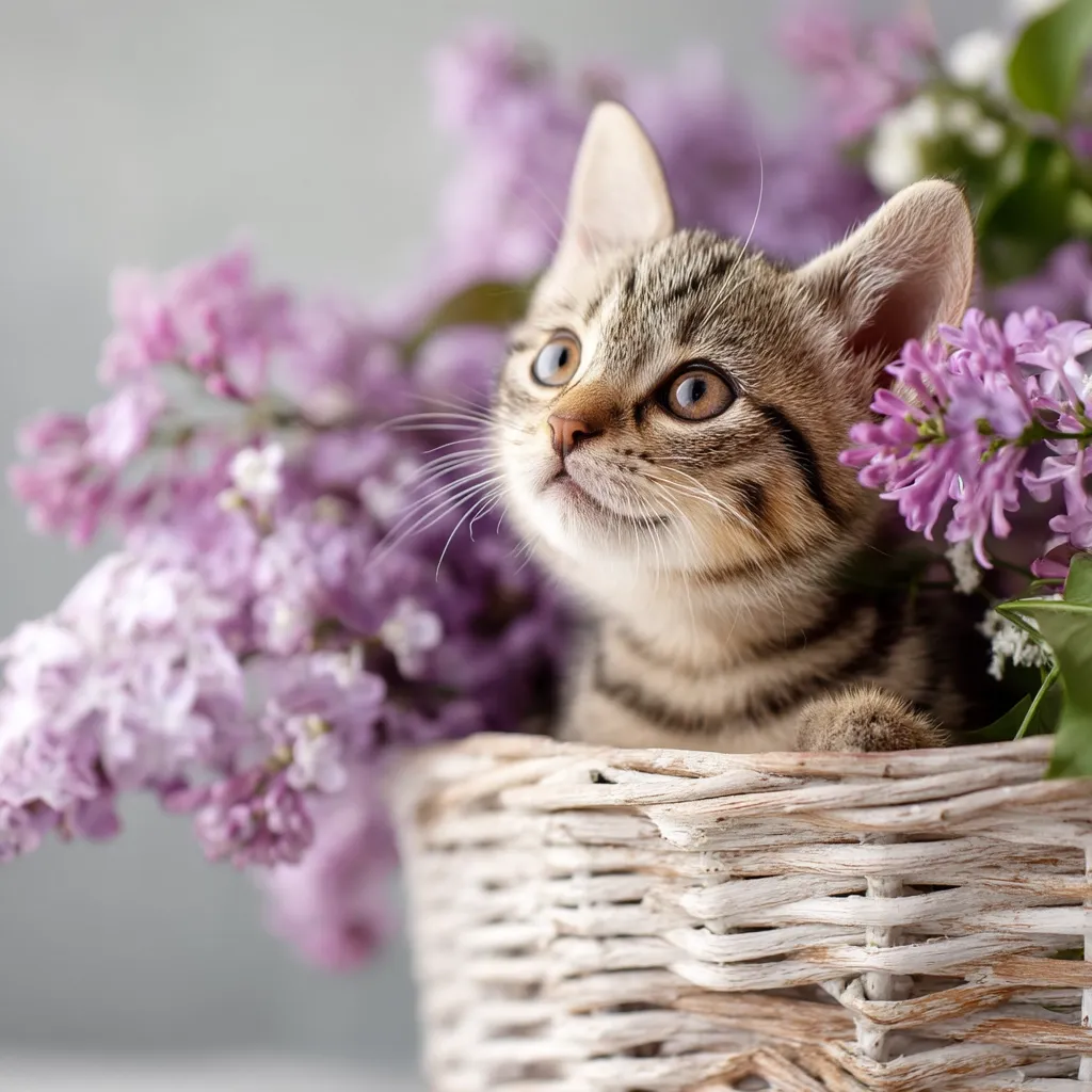 A cute tabby kitten sits nestled in a white wicker basket overflowing with fragrant lilac blossoms.  Its large, curious eyes gaze upward, framed by soft purple flowers.  The kitten's soft fur contrasts beautifully with the vibrant lilac, creating a charming springtime scene. The overall image evokes feelings of warmth and tenderness.