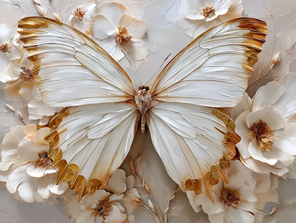 A large, white butterfly with gold accents is depicted in exquisite detail, its wings delicately rendered.  The butterfly is centrally positioned amidst a cluster of intricately sculpted, cream-colored flowers, creating a harmonious and visually stunning composition. The textures and shading suggest a three-dimensional effect, enhancing the artwork's beauty and realism.  The overall palette is soft and elegant, with a focus on subtle contrasts of light and shadow.