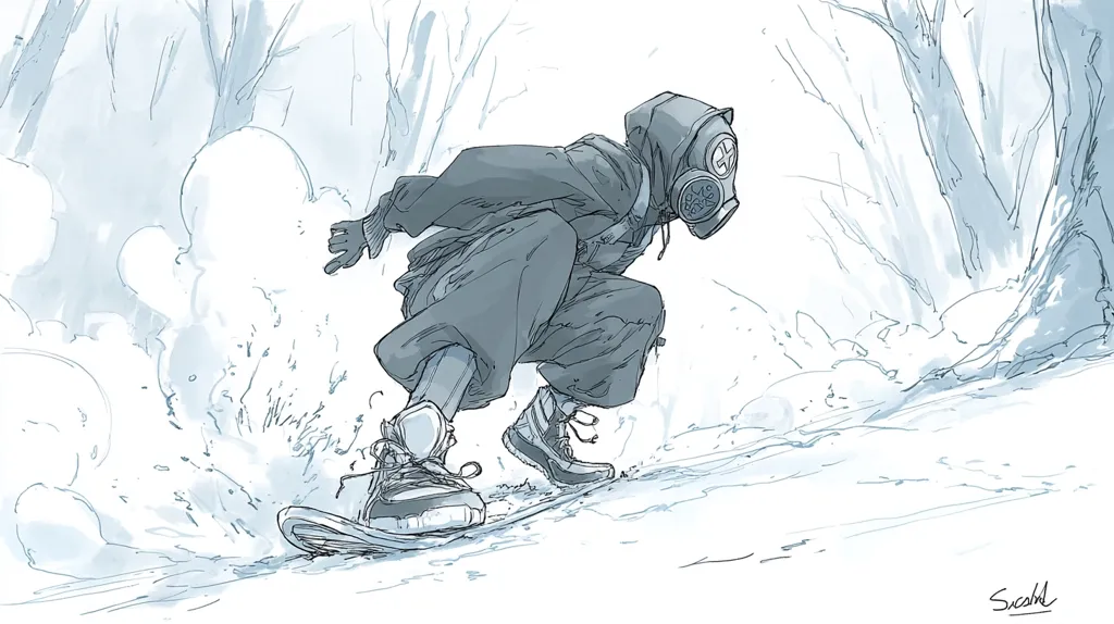 A stylized line drawing depicts a snowboarder wearing a hooded jacket and gas mask carving down a snowy slope.  The figure is rendered in shades of blue and grey, emphasizing movement and speed.  The background suggests a wintry forest with bare trees, adding to the atmospheric setting.  The style is reminiscent of comic book art or concept sketching.