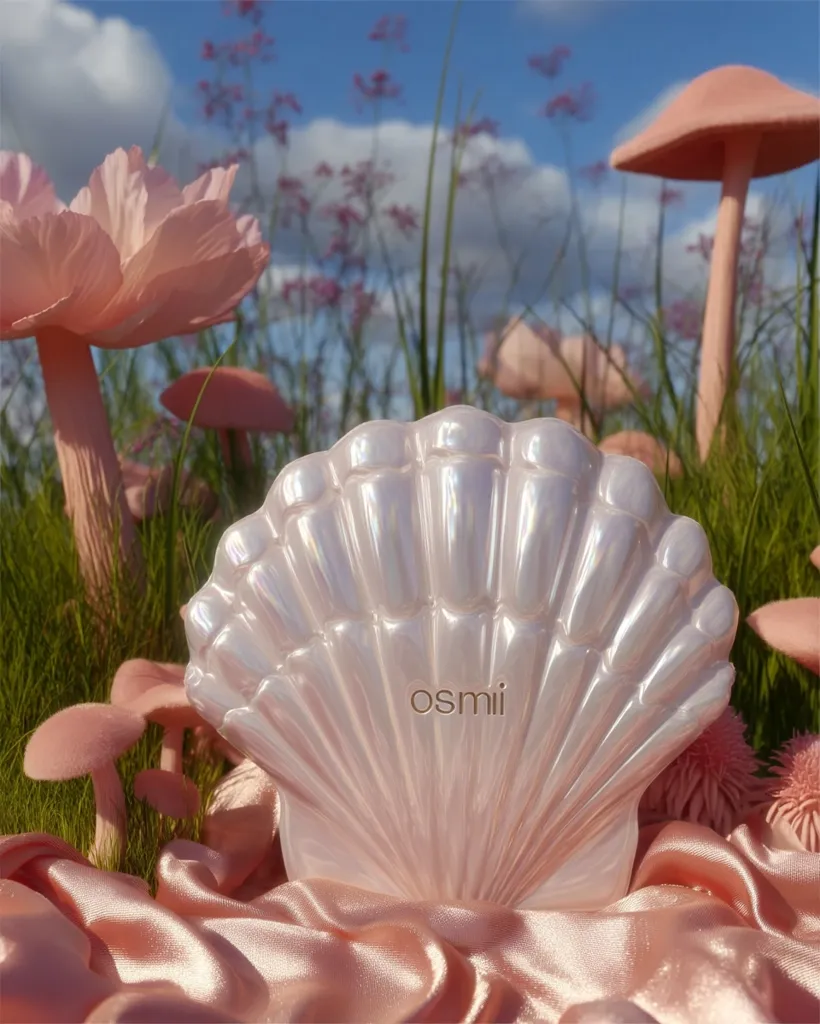 A pearly iridescent seashell-shaped compact rests on a blush-pink silk fabric.  The compact, branded "osmii," is nestled amongst pastel pink mushrooms and flowers in a whimsical, dreamy setting. The scene is bathed in soft sunlight, creating a serene and ethereal atmosphere.
