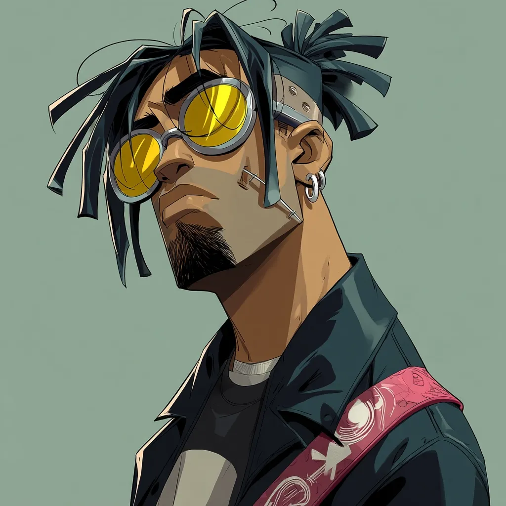 A stylized portrait of a young man with dark skin and dreadlocks. He wears large, yellow goggles, a black leather jacket, and a pink guitar strap.  Facial scarring and small hoop earrings add to his edgy look.  His expression is serious and contemplative, gazing slightly upward. The art style is bold and graphic, with strong lines and contrasting colors.