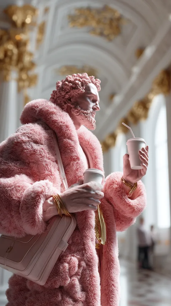 A pink statue, seemingly a classical bust, is depicted wearing a fluffy pink coat and carrying a pink handbag.  The statue holds a disposable coffee cup and a takeaway drink with a straw.  The backdrop is a grand, ornate interior with a blurred background suggesting a museum or palace setting. The overall aesthetic is a playful juxtaposition of classical art with modern fashion and consumer culture.