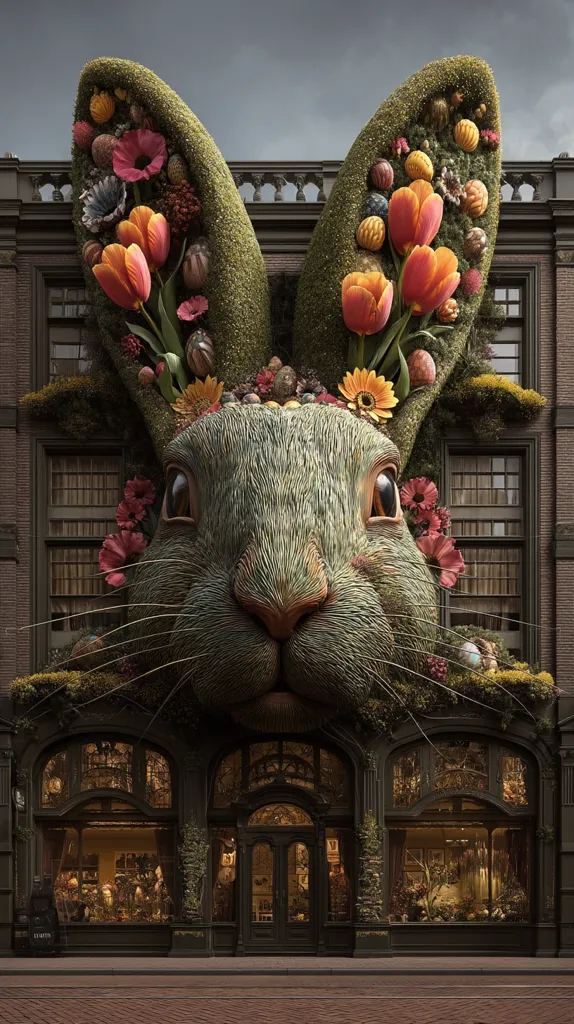 A whimsical image depicts a large rabbit's face covering the front of a quaint shop.  The rabbit's ears are adorned with vibrant spring flowers and greenery, creating a surreal and enchanting scene.  The building itself is a classic European style, with dark wood and large windows displaying floral arrangements inside, complementing the rabbit's flowery head. The overall effect is a fantastical, charming juxtaposition of nature and architecture.