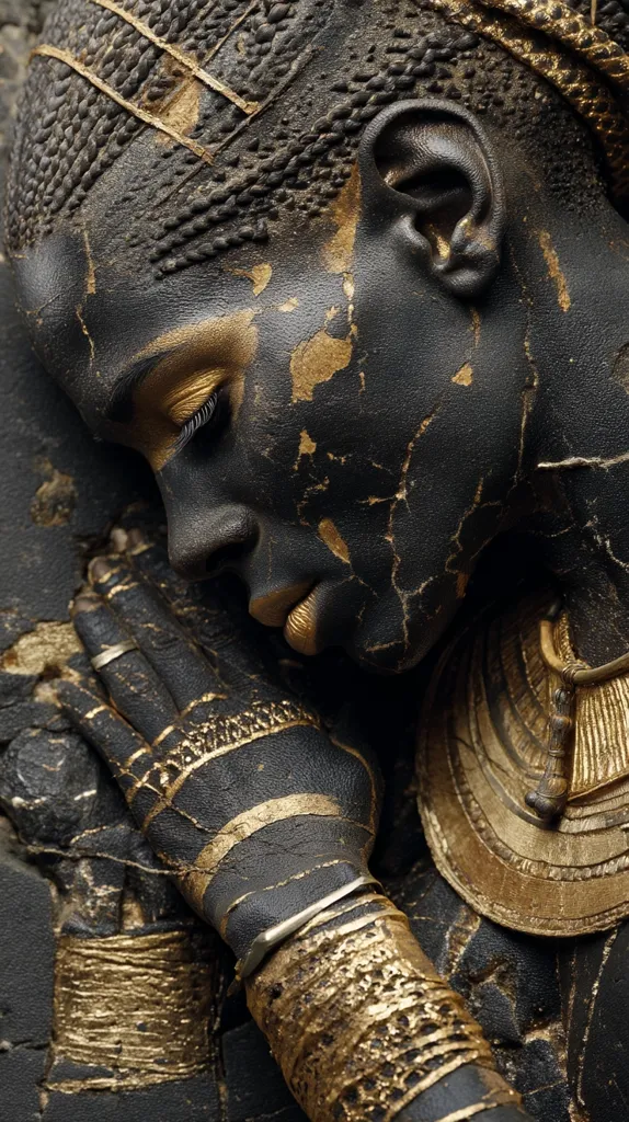 A close-up shot reveals a woman's face and hands, adorned with intricate gold detailing. Her skin is dark, textured, and cracked, resembling ancient stone.  Gold accents highlight her braided hair, jewelry, and the patterns on her body, creating a striking contrast against the dark background. The overall effect is one of regal elegance and timeless beauty.
