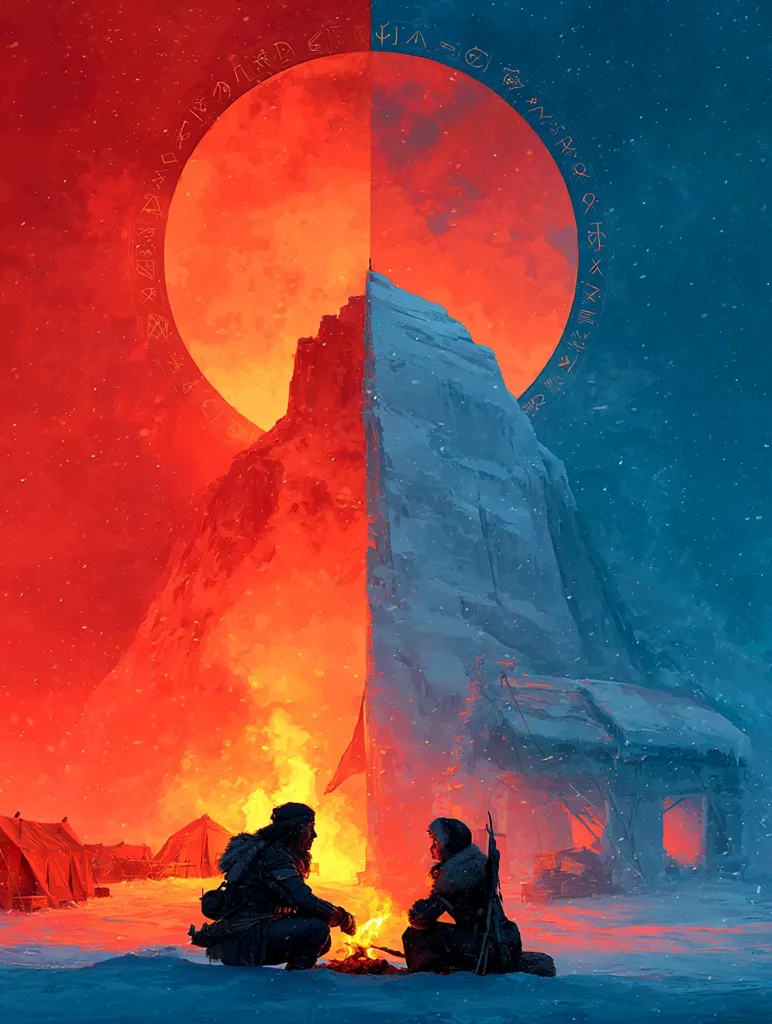 A captivating artwork depicts two figures huddled around a fire in a snowy, desolate landscape.  A towering, fractured structure looms behind them, bisected by a large, half-red, half-blue celestial body encircled by symbolic markings.  The scene evokes a sense of isolation and mystery, with warm firelight contrasting against the cold, stark environment.  The vibrant colors and dramatic lighting create a powerful and evocative image.