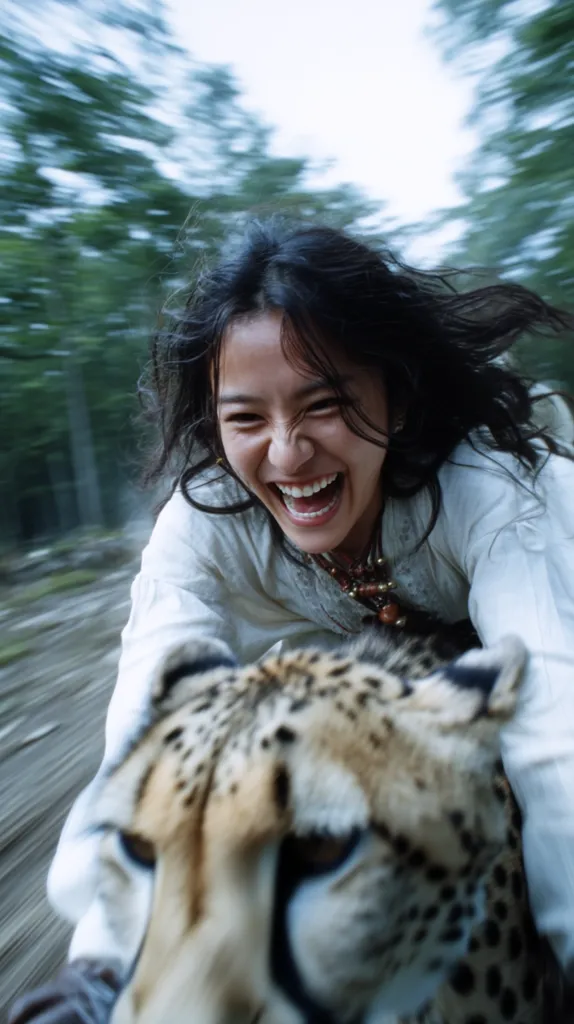 A young woman with long dark hair laughs joyfully while riding a cheetah.  The background is blurred, suggesting speed.  She wears a light-colored, loose-fitting top and a beaded necklace. The image is dynamic, capturing a moment of exhilaration and connection between the woman and the animal.  The overall feeling is one of freedom and adventure.