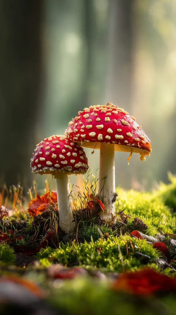 Two vibrant red toadstools with white spots emerge from a bed of lush green moss.  The larger mushroom stands proudly beside a smaller companion, bathed in soft, dappled sunlight filtering through a blurred forest background.  Fallen autumn leaves add a touch of orange to the mossy ground, creating a captivating scene of autumnal woodland magic.